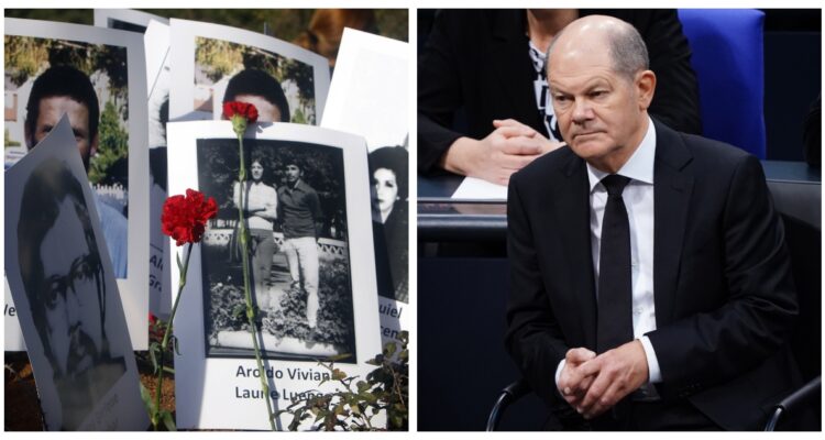 Una fotografía de un memorial a víctimas de Colonia Dignidad, y otra del canciller Olaf Scholz.