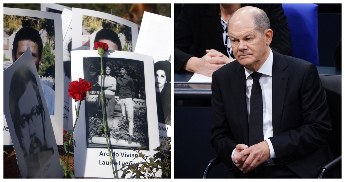 Una fotografía de un memorial a víctimas de Colonia Dignidad, y otra del canciller Olaf Scholz.