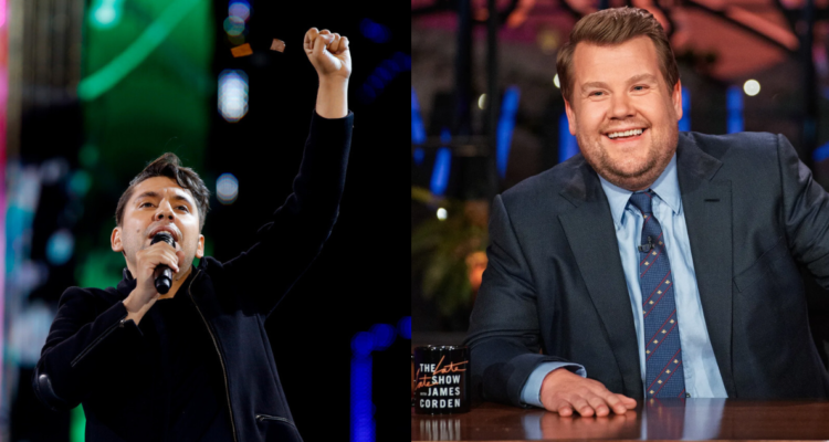 Fabrizio Copano (izquierda) en el festival de viña y James Corden (derecha) en su late show