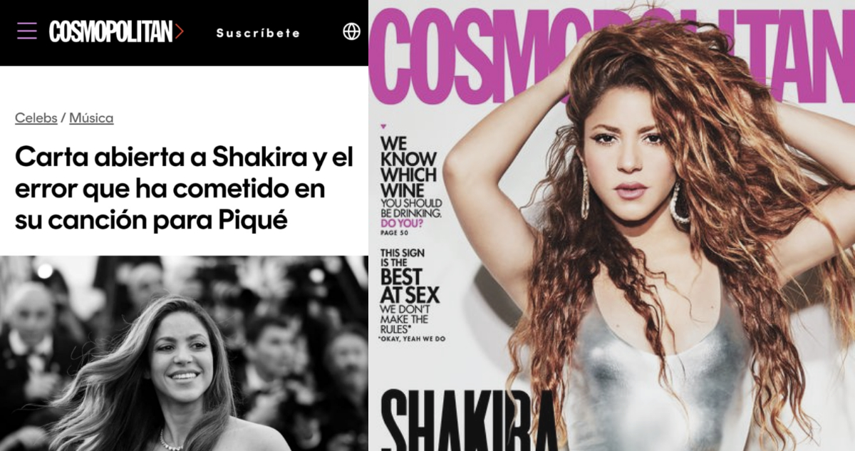 Título de la carta de Cosmopolitan España criticando a Shakira por su canción contra Piqué y Clara Chía. A su lado, una de las portadas de la artista con la revista.