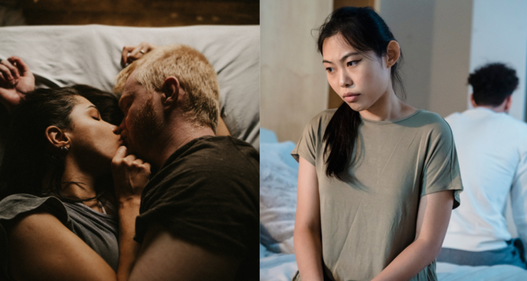 Pareja besandose (izquierda) y una mujer fustrada con su pareja (derecha) en referencia a la “montaña rusa” que puede ser el deseo sexual femenino