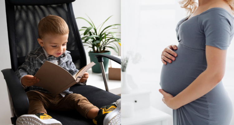 Infante leyendo (izquierda) y embarazada tocandose el vientre (derecha) en referencia a estudio que relaciona la diabetes gestacional con peores habilidades linguisticas
