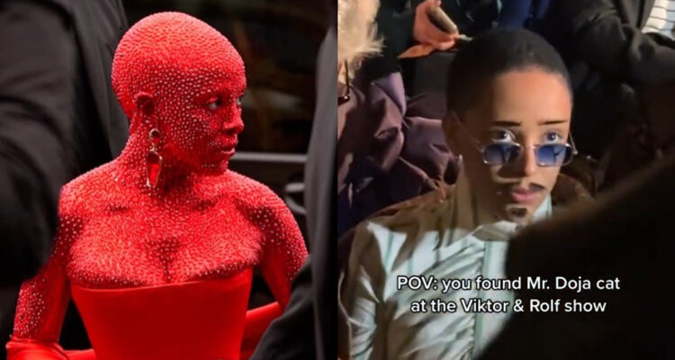 Doja Cat en uno de sus estilos utilizados en la Semana de la Moda de París, donde luce pestañas postizas como bigote, cejas y barbilla.