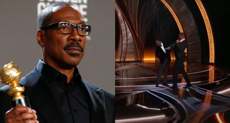 El actor Eddie Murphy sostiene su Globo de Oro. A su lado, el momento en el que Will Smith golpea a Chris Rock.