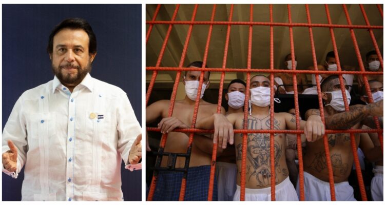Una foto del vicepresidente de El Salvador, y otra de pandilleros arrestados en dicho país.