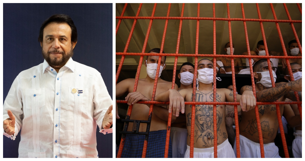 Una foto del vicepresidente de El Salvador, y otra de pandilleros arrestados en dicho país.