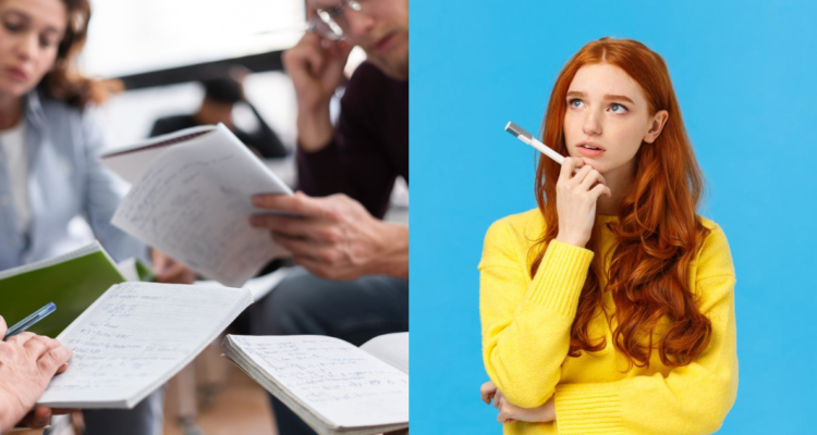 Grupo de personas estudiando (izquierda) y una estudiante indecisa (derecha) en referencia a cómo encontrar tu pasión según experta en coaching laboral