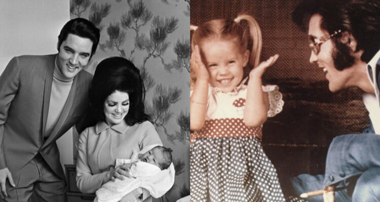 Fotos de Lisa MArie Presley en su infancia junto a su padre, Elvis. A su lado, una foto familiar donde ella es recién nacida junto a su padre y madre.