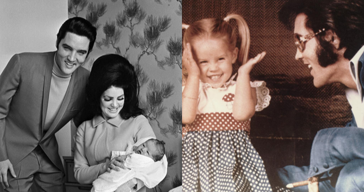 Fotos de Lisa MArie Presley en su infancia junto a su padre, Elvis. A su lado, una foto familiar donde ella es recién nacida junto a su padre y madre.