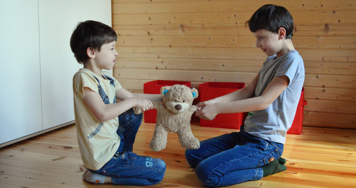 niños peleando por un peluche en referencia al desarrollo de empatía en niños que sería progresivo