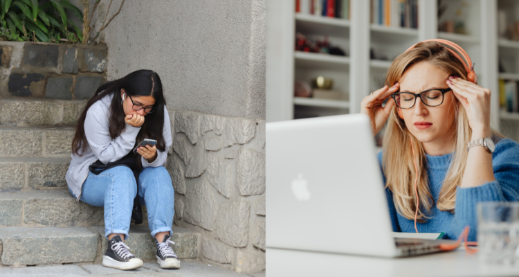 Estudiante chilena tras dar la prueba PAES estresada (izquierda) y una mujer agobiada revisando su computador (derecha)