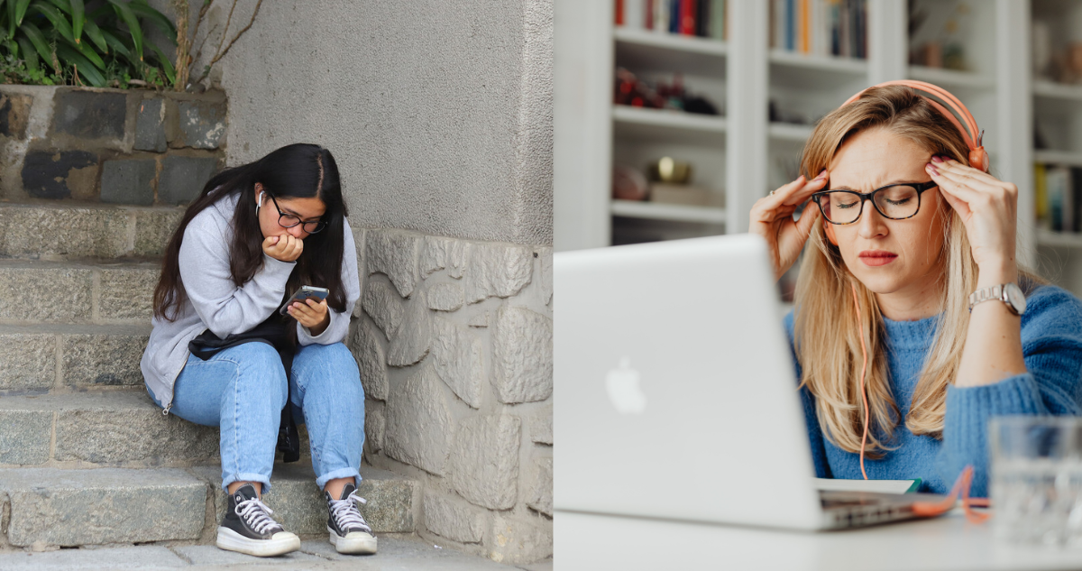 Estudiante chilena tras dar la prueba PAES estresada (izquierda) y una mujer agobiada revisando su computador (derecha)