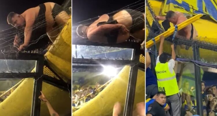 Hincha de Boca Juniors debió ser rescatado del alambre de púas de La Bombonera.