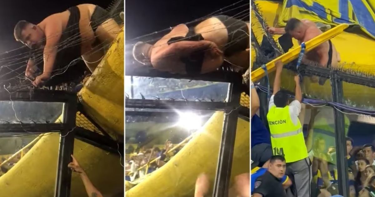 Hincha de Boca Juniors debió ser rescatado del alambre de púas de La Bombonera.