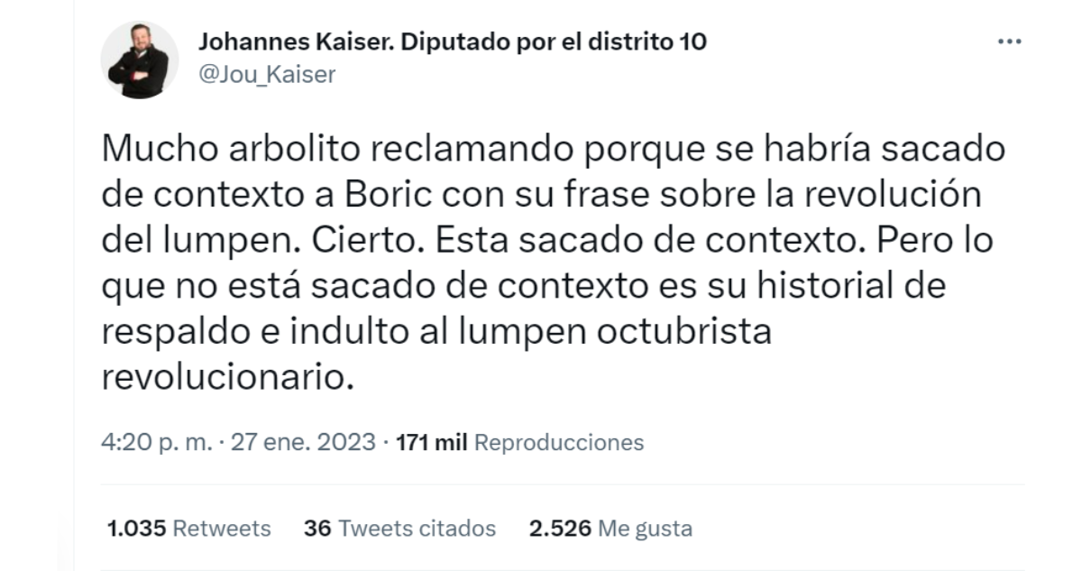 Kaiser reconoce que publicó frase sacada de contexto de Boric