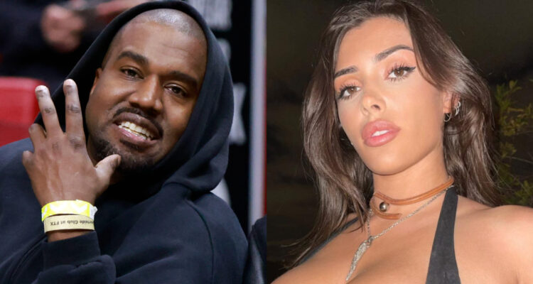 El cantante Kanye West en un evento, mirando la cámara mientras habla. A su lado, Bianca Sensori posa para la cámara. El músico se casó a dos meses de su divorcio con Kim Kardashian.