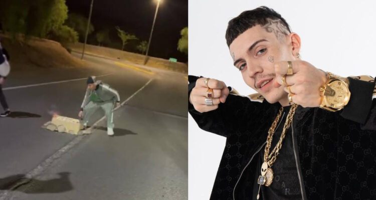 El músico Standly encendiendo fuegos artificiales. A su lado, Marcianeke posa para la cámara.