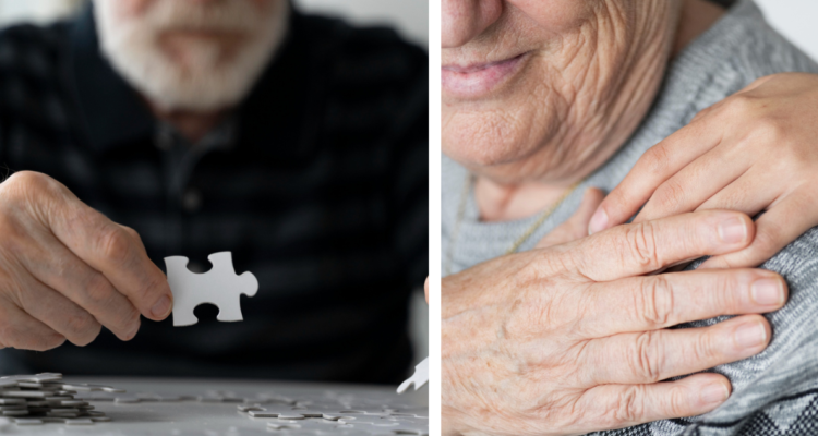 Adulto mayor armando un puzzle (izquierda) y un cuidador con una adulta mayor con alzheimer (derecha)