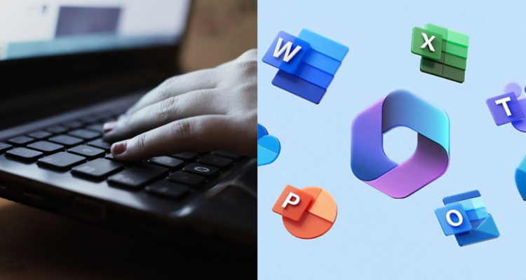 Persona usando un computador (izquierda) y logos de la suite de Microsoft 365 (derecha) en referencia a la caída mundial del servicio