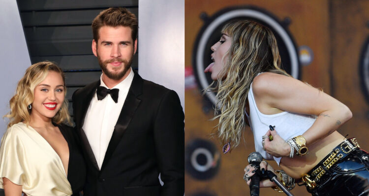 Una foto de Miley Cyrus con Liam Hemsworth en un evento. A su lado, la cantante sacando la lengua en uno de sus conciertos.
