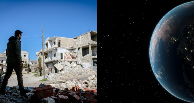 Persona viendo los estragos de un terremoto (izquierda) y una ilustración de la vista del planeta tierra desde el espacio (derecha). Rotación del núcleo interno de la tierra