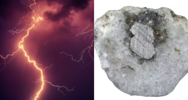 Un rayo ilumina el cielo. A su lado, el nuevo material nunca antes visto creado por un rayo que cayó en tendido eléctrico.