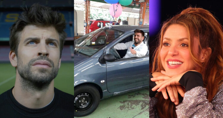 Gerard Piqué mira serio hacia arriba. A su lado, una de las imágenes con las cuales le juegan bromas en internet. Asimismo, se ve una tercera foto con Shakira sonriendo.
