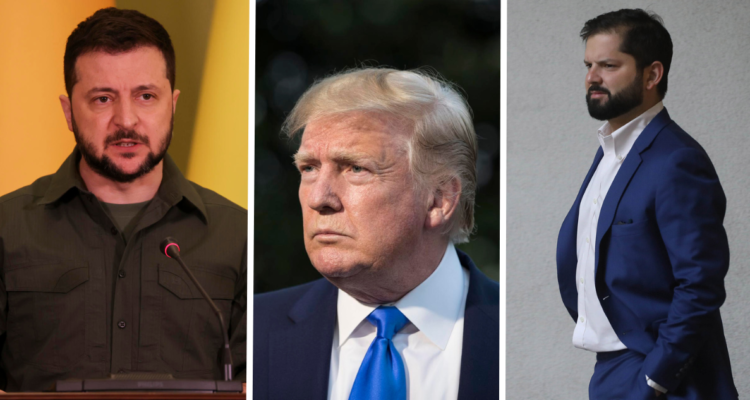 Zelenski (izquierda), Donald Trump (centro) y Gabriel Boric (derecha) como figuras políticas. En referencia a que la información política influiría en la salud mental de las personas