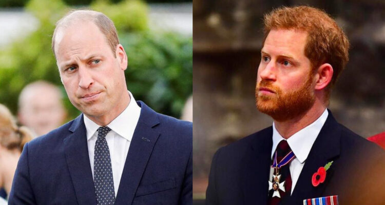 El príncipe William mira serio hacia un costado. A su ladio, una foto del príncipe Harry también serio durante una ceremonia real.