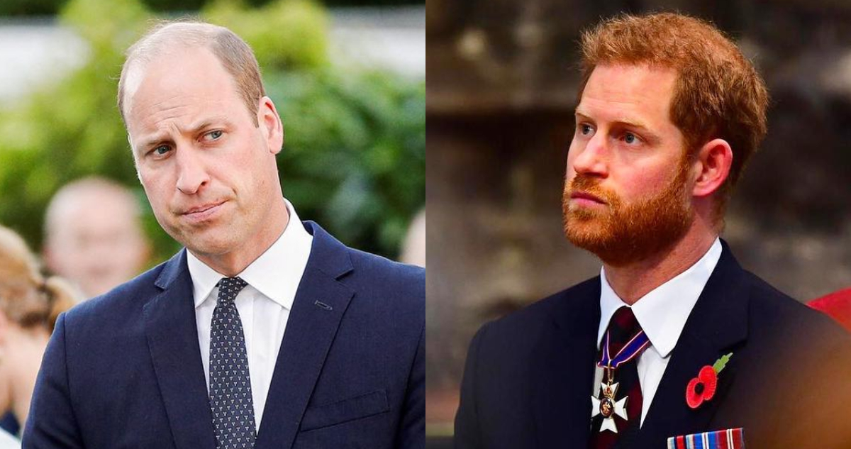 El príncipe William mira serio hacia un costado. A su ladio, una foto del príncipe Harry también serio durante una ceremonia real.
