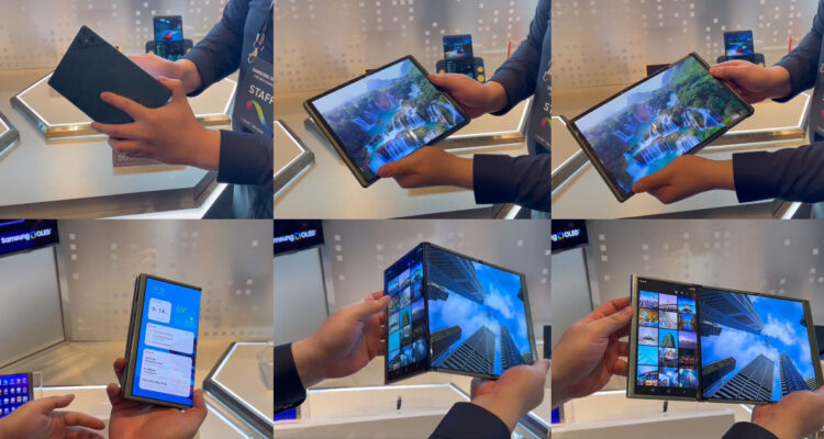 Algunas imágenes de los celulares alcanzando su tamaño máximo. Los prototipos de smartphone de Samsung tienen la novedad de que se doblan y extienden sus pantallas.