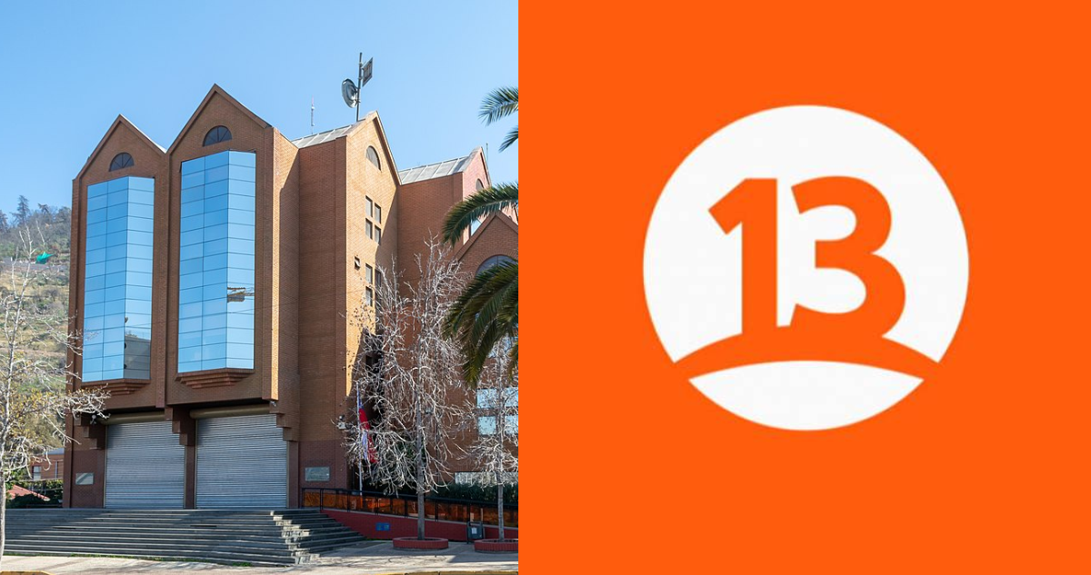 Fotografía del edificio de Canal 13 (izquierda) y del logo de la estación televisiva (derecha) que recibió un recurso de protección en su contra por difusión ilegal de imagenes de un proceso penal