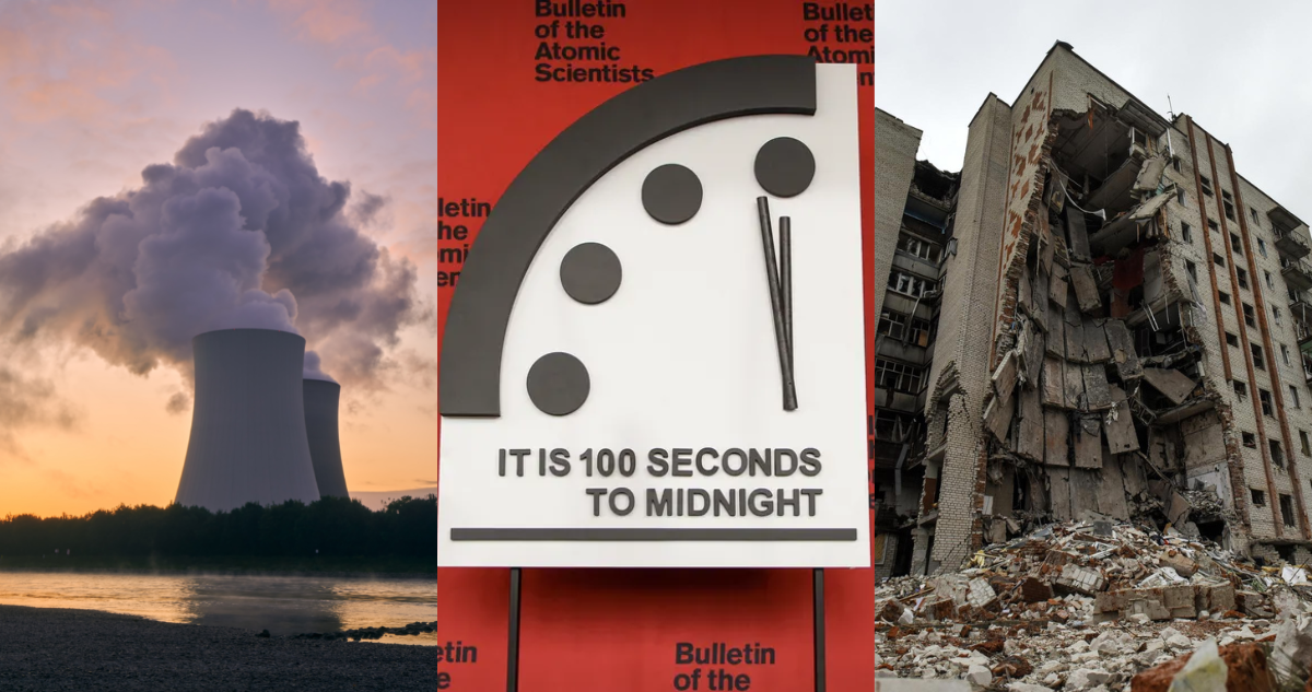 Fotografía de una empresa nuclear (izquierda); imagen del Reloj del Juicio Final (centro); fotografía de la destrucción de un edificio por la guerra de Ucrania-Rusia