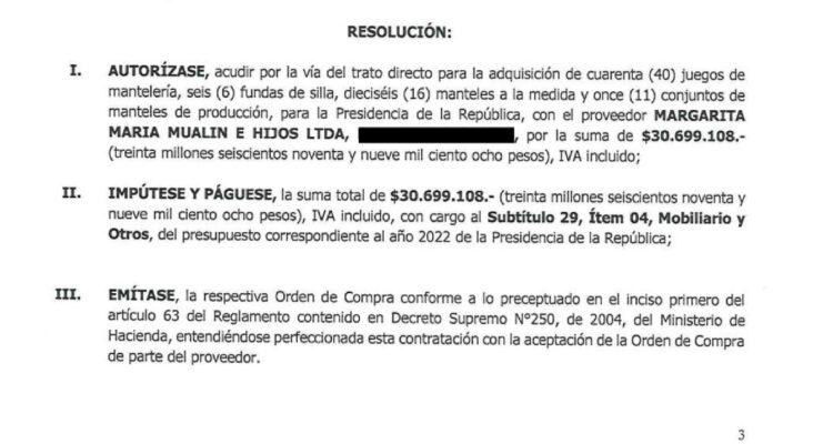 Captura de pantalla | Resolución exenta que aprobó trato directo. Fuente: Mercado Público.