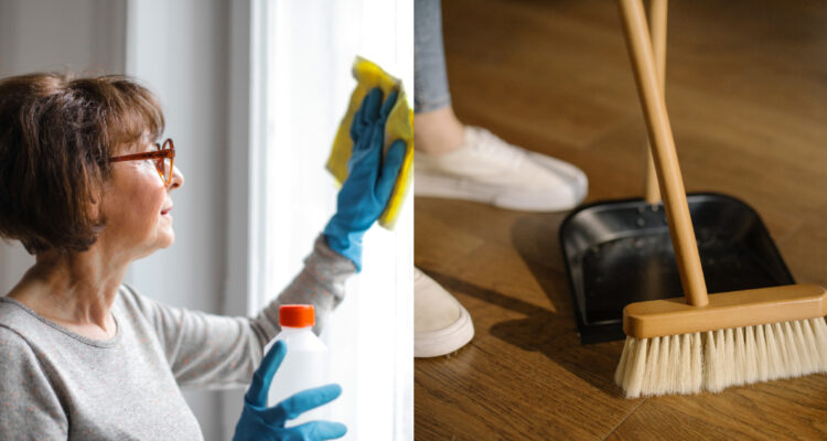 Una mujer limpia una ventana. A su lado, una persona barre el piso. Hacer aseo puede ser una actividad para prolongar la vida en gente sedentaria.