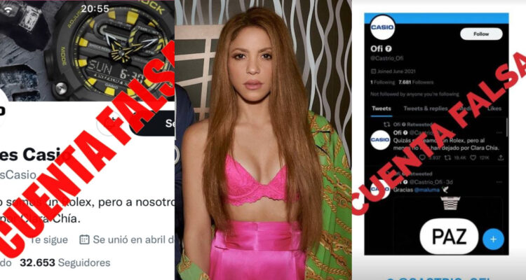 La cantante Shakira en el anuncio de su canción. A su lado, capturas de perfiles falsos que la cuenta de Casio ha denunciado.
