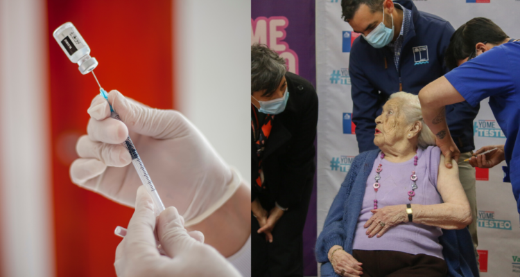 Persona extrayendo compuesto de vacuna(izquierda) y una adulto mayor siendo vacunada en Chile (derecha) en referencia a la eficacia de la vacuna bivalente