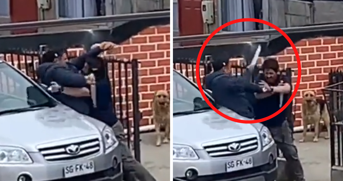 Captan brutal riña con cuchillos tipo sable y a pleno día afuera de condominio en Punta Arenas