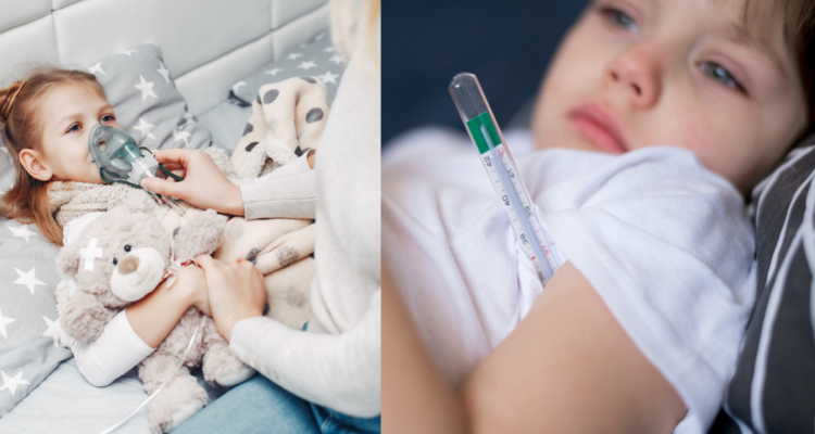 Niña usando un nebulizador (izquierda) y un niño con fiebre y termómetro (derecha), en referencia a los síntomas provocados por el Virus Sincicial Respiratorio