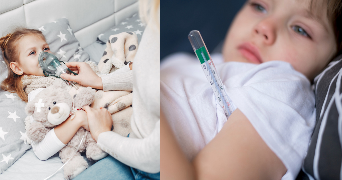 Niña usando un nebulizador (izquierda) y un niño con fiebre y termómetro (derecha), en referencia a los síntomas provocados por el Virus Sincicial Respiratorio
