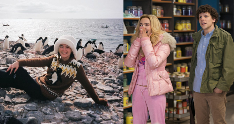 Zoey Deutch en su visita a la antártica (izquierda) y en su papel de Madison en Zombieland (derecha)