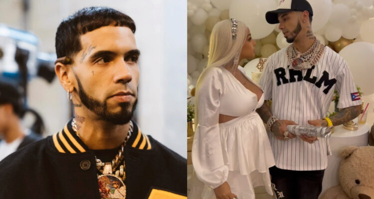 Anuel AA mira serio hacia un costado. A su lado, una foto del músico con Yailin durante su babyshower.
