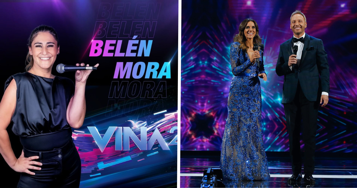 Afiche promocional de Belén Mora en el Festival de Viña (izquierda) y los animadores del festival (derecha)