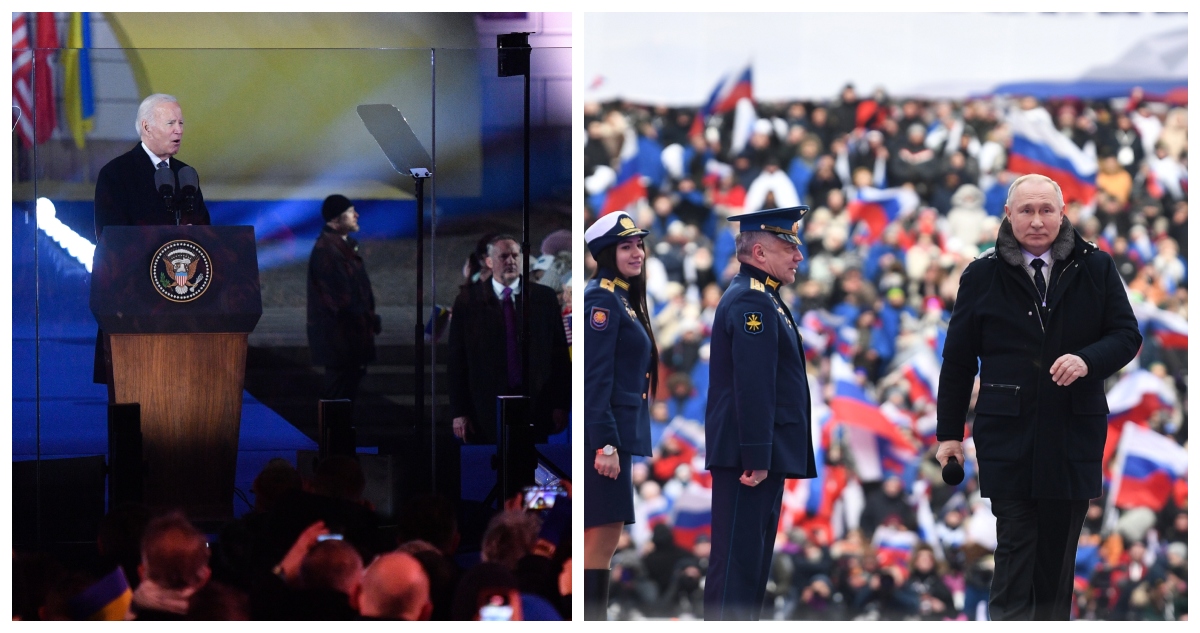 Joe Biden y Vladimir Putin, en sus respectivos discursos.