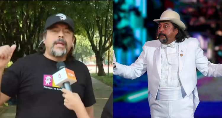 Bombo Fica hablando sobre los incendios forestales en Purén (izquierda) y en su presentación en el Festival de Olmué (derecha)