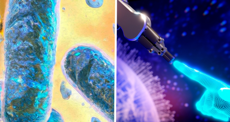 Ilustración de las células “robot” (izquierda) y render en 3D en referencia a la medicina y tecnología