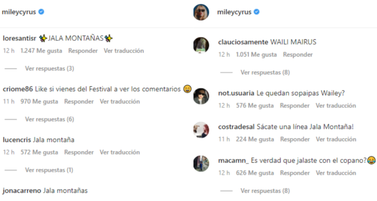 Capturas de comentarios chilenos en post de Miley Cyrus