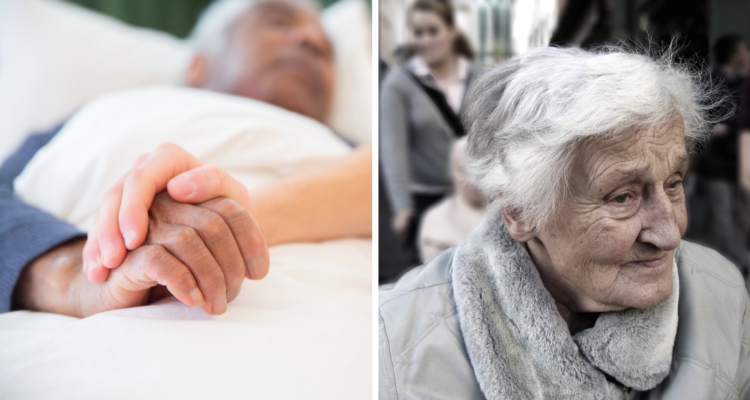 Adulto mayor postrado en cama (izquierda) y mujer adulta mayor con expresión de tristeza (derecha) en referencia a la enfermedad de Enfermedad de Creutzfeldt-Jakob