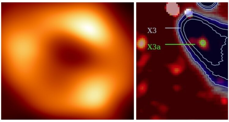Una fotografía del agujero negro en el corazón de la galaxia, y otra facilitada por los investigadores en que se grafica la ubicación de la “estrella bebé”.