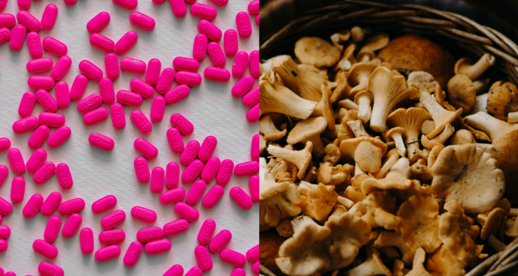 Pastillas de MDMA (izquierda) y hongos alucinogenos (derecha) en referencia a autorización de australia para usar sustancias psicodelicas en medicamentos